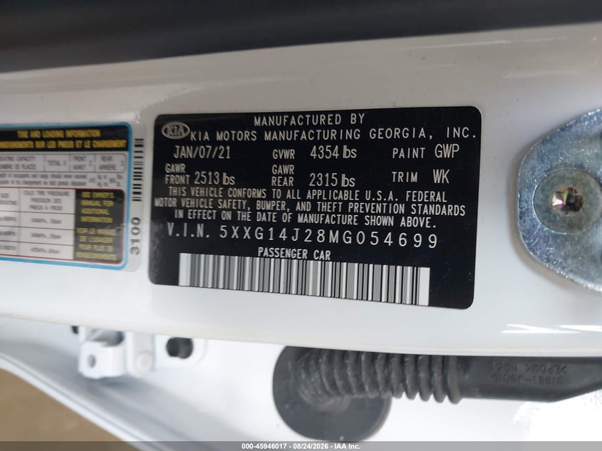 KIA K5 2021 VIN 5XXG14J28MG054699