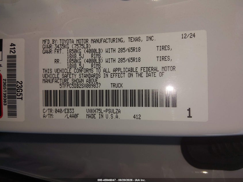 TOYOTA TUNDRA HYBRID 2025 VIN 5TFPC5DB2SX089837