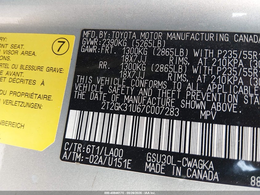 LEXUS RX 350 2007 VIN 2T2GK31U67C007283