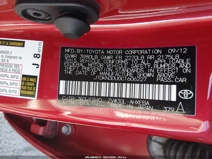 TOYOTA PRIUS 2012 VIN JTDKN3DU0C1606227