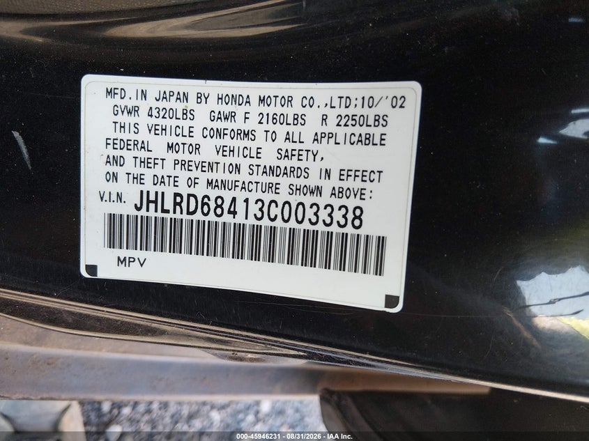 HONDA CR-V 2003 VIN JHLRD68413C003338
