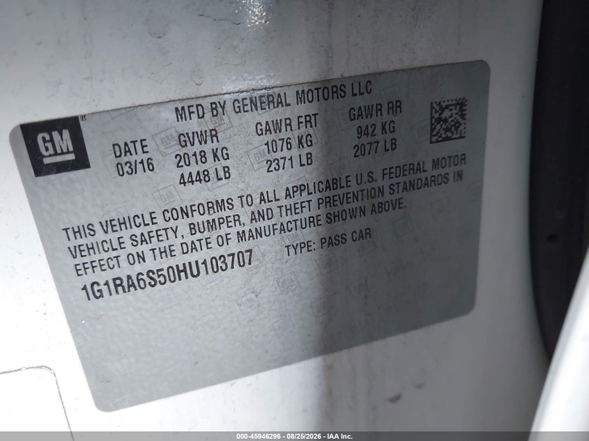 CHEVROLET VOLT 2017 VIN 1G1RA6S50HU103707