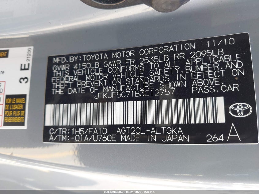 SCION TC 2011 VIN JTKJF5C71B3012757