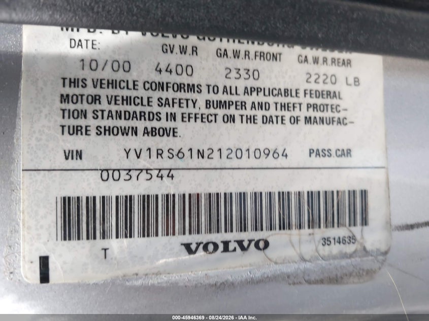 VOLVO S60 2001 VIN YV1RS61N212010964