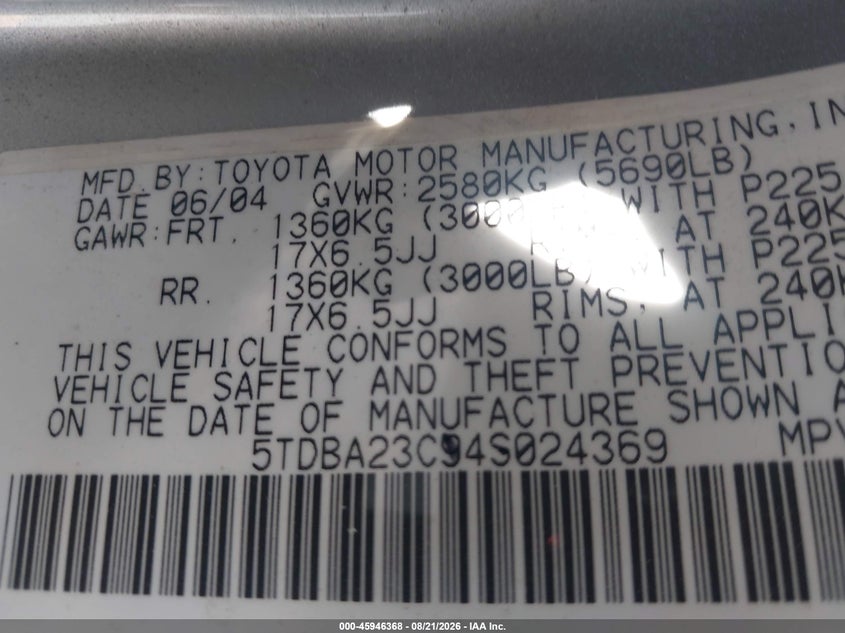 2004 TOYOTA SIENNA VAN 3.3L V-6 DOHC, VVT, 230HP
