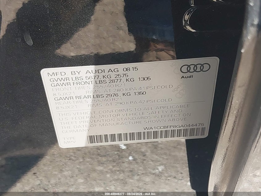 AUDI SQ5 2016 VIN WA1CCBFP8GA044475