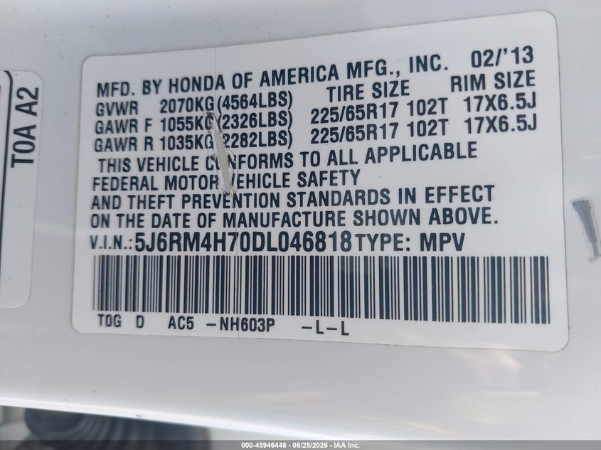 HONDA CR-V 2013 VIN 5J6RM4H70DL046818
