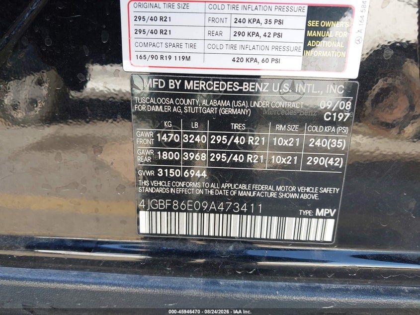 MERCEDES-BENZ GL 550 2009 VIN 4JGBF86E09A473411