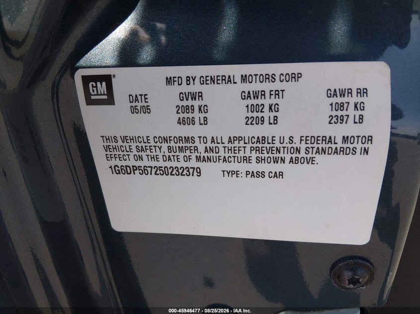 CADILLAC CTS 2005 VIN 1G6DP567250232379