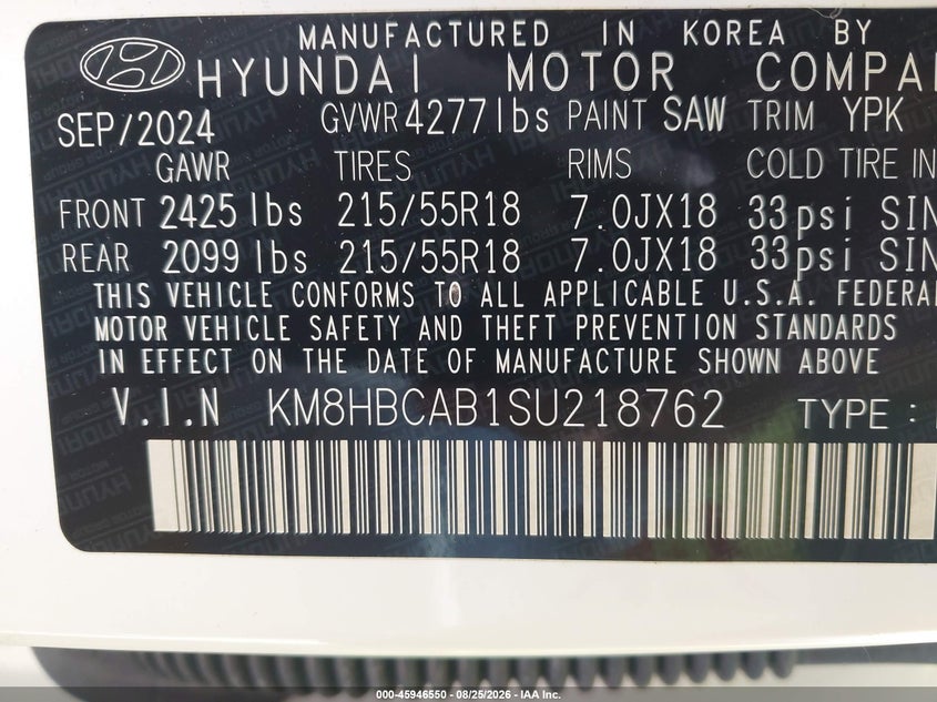 HYUNDAI KONA 2025 VIN KM8HBCAB1SU218762