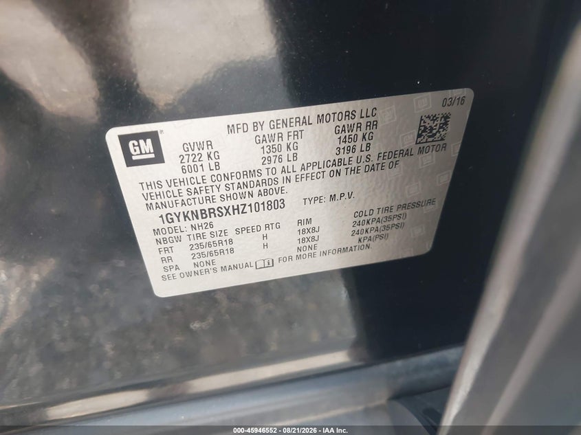 CADILLAC XT5 2017 VIN 1GYKNBRSXHZ101803