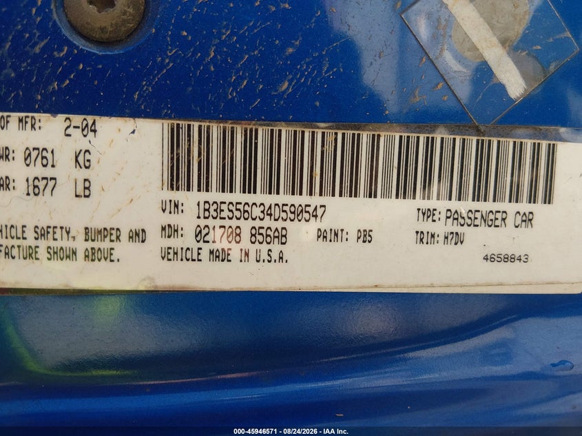 2004 DODGE NEON SEDAN 2.0L I-4 132HP