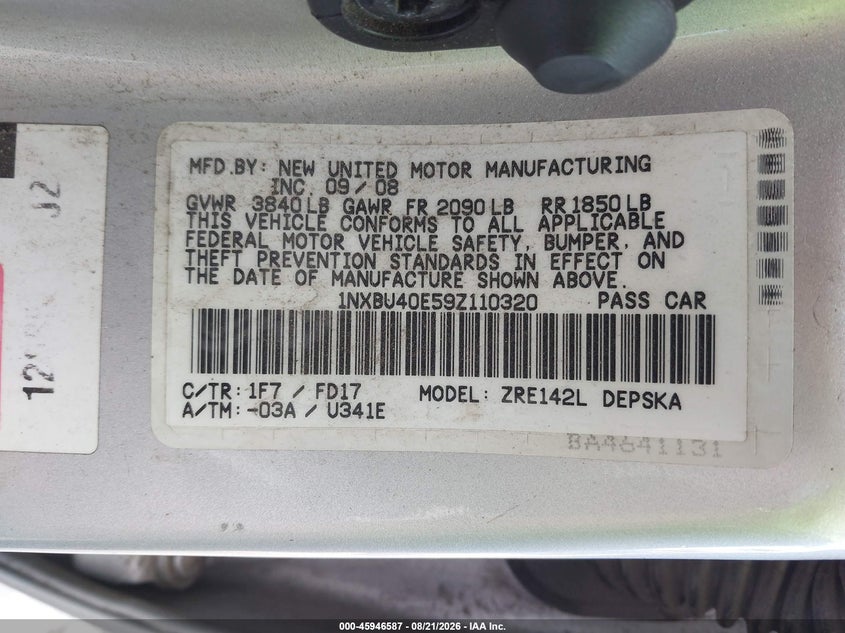 TOYOTA COROLLA 2009 VIN 1NXBU40E59Z110320