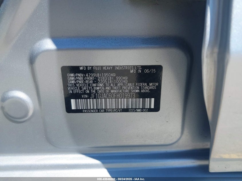 2015 SUBARU IMPREZA SEDAN 2.0L H-4 DOHC, VVT, 148HP