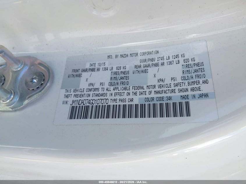 MAZDA MX-5 MIATA 2016 VIN JM1NDAD74G0107070