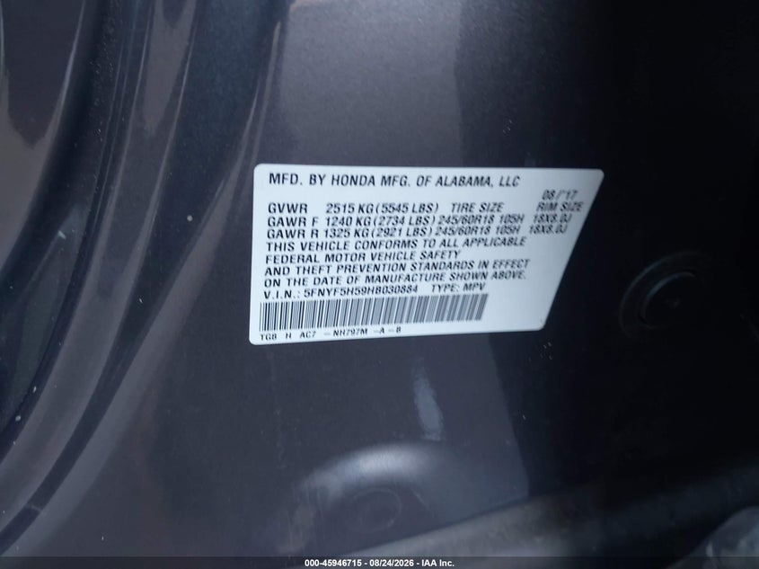 HONDA PILOT 2017 VIN 5FNYF5H59HB030884