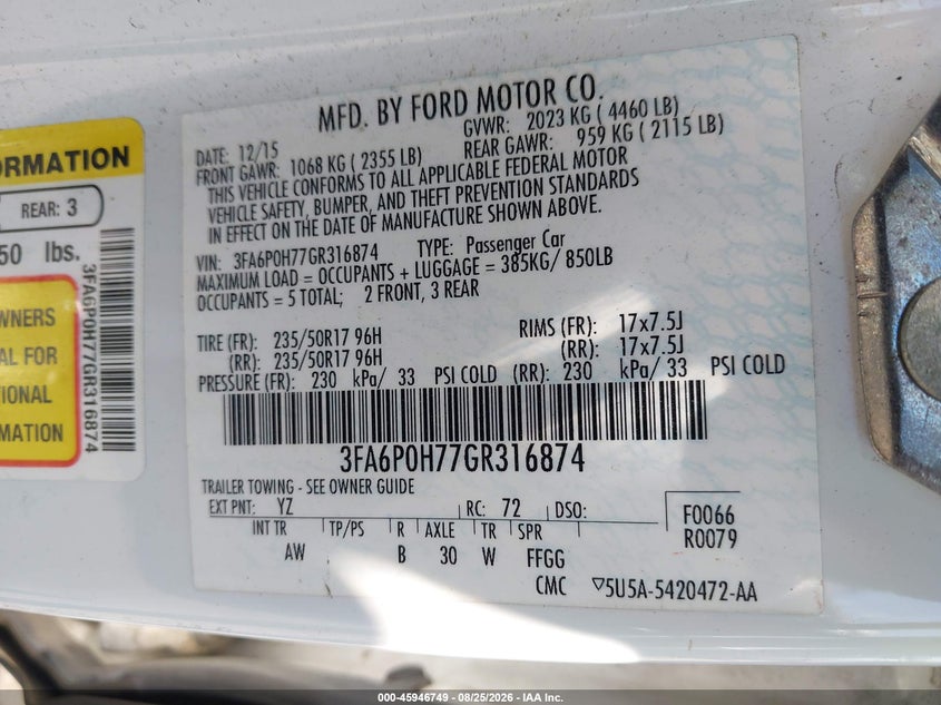 2016 FORD FUSION SEDAN 2.5L I-4 DOHC, VVT, 175HP