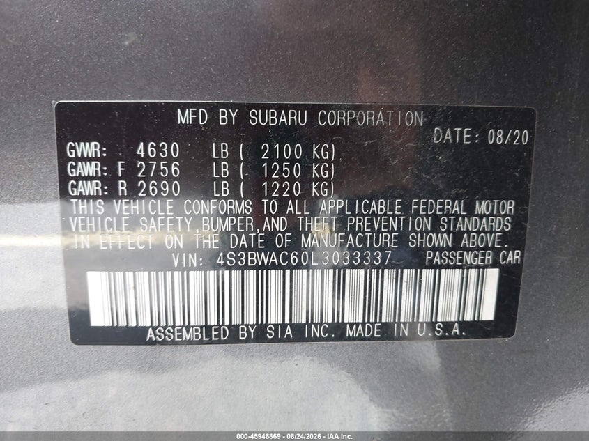 SUBARU LEGACY 2020 VIN 4S3BWAC60L3033337