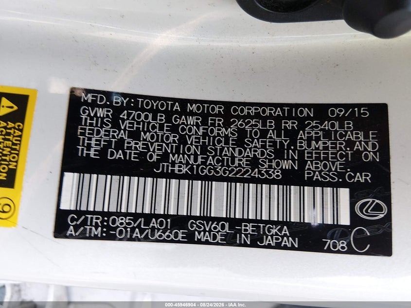 2016 LEXUS ES SEDAN 3.5L V-6 DOHC, VVT, 268HP