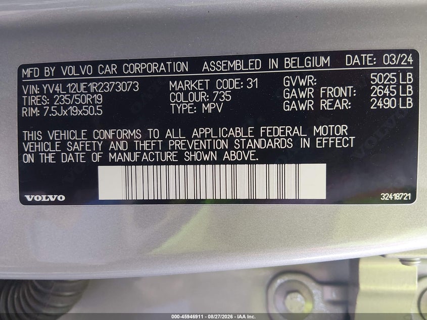 VOLVO XC40 2024 VIN YV4L12UE1R2373073