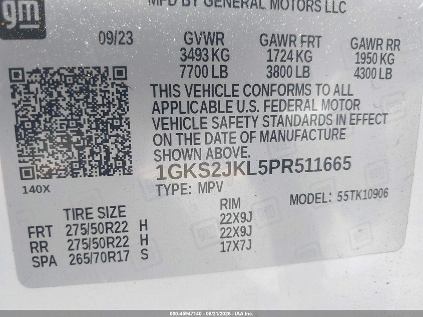GMC YUKON XL 2023 VIN 1GKS2JKL5PR511665