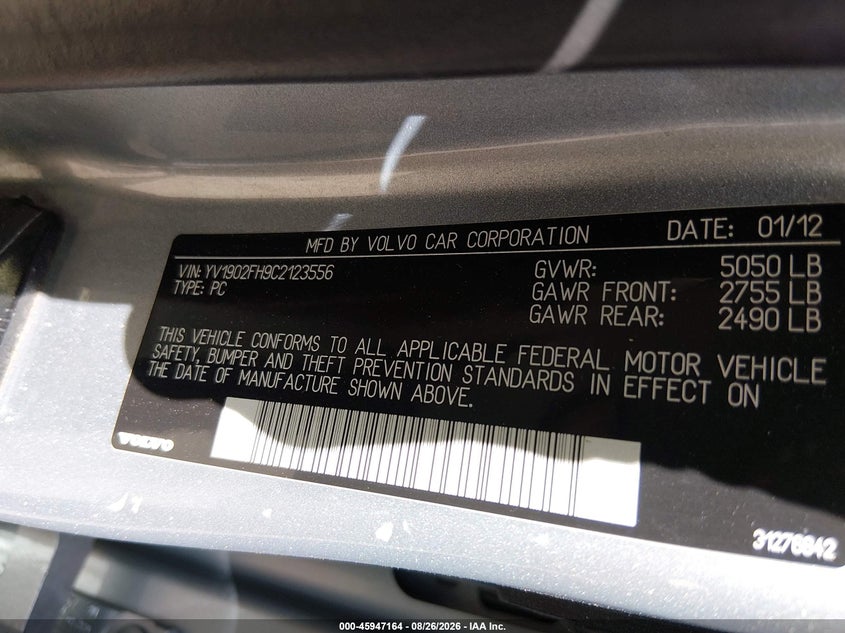 VOLVO S60 2012 VIN YV1902FH9C2123556
