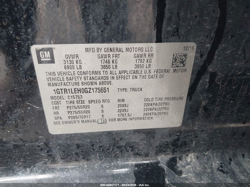 GMC SIERRA 1500 2016 VIN 1GTR1LEH0GZ175651