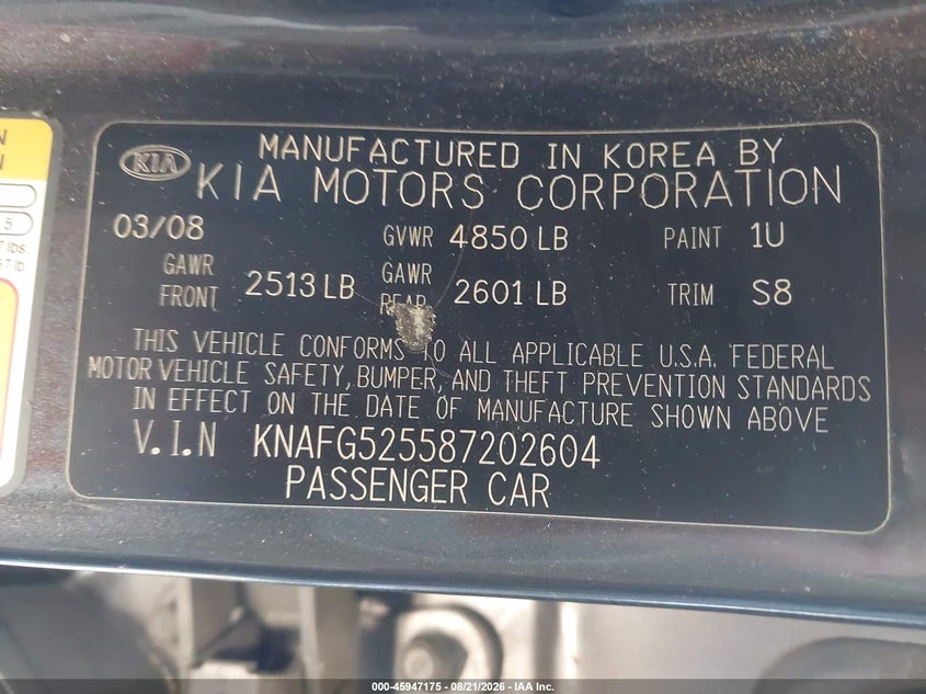 KIA RONDO 2008 VIN KNAFG525587202604