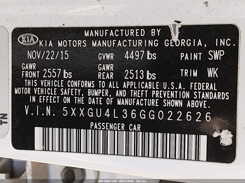2016 KIA OPTIMA SEDAN 2.4L I-4 DI, DOHC, VVT, 185HP