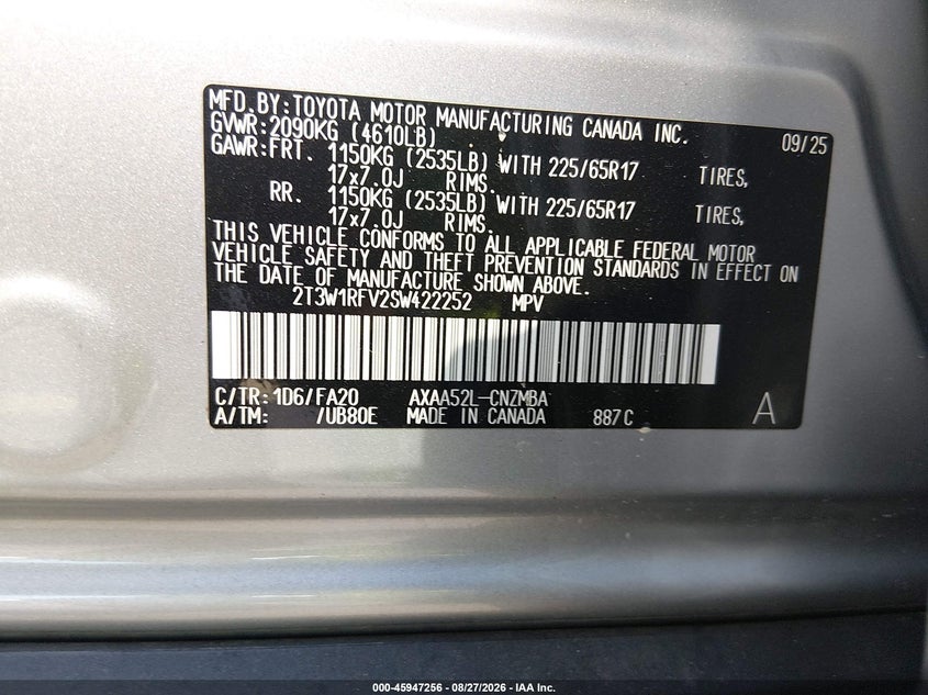 TOYOTA RAV4 2025 VIN 2T3W1RFV2SW422252