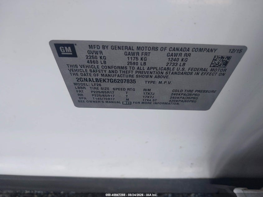 CHEVROLET EQUINOX 2016 VIN 2GNALBEK7G6207835