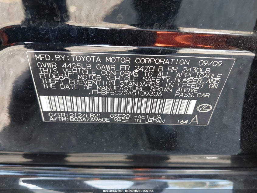 LEXUS IS 250 2010 VIN JTHBF5C22A5109306