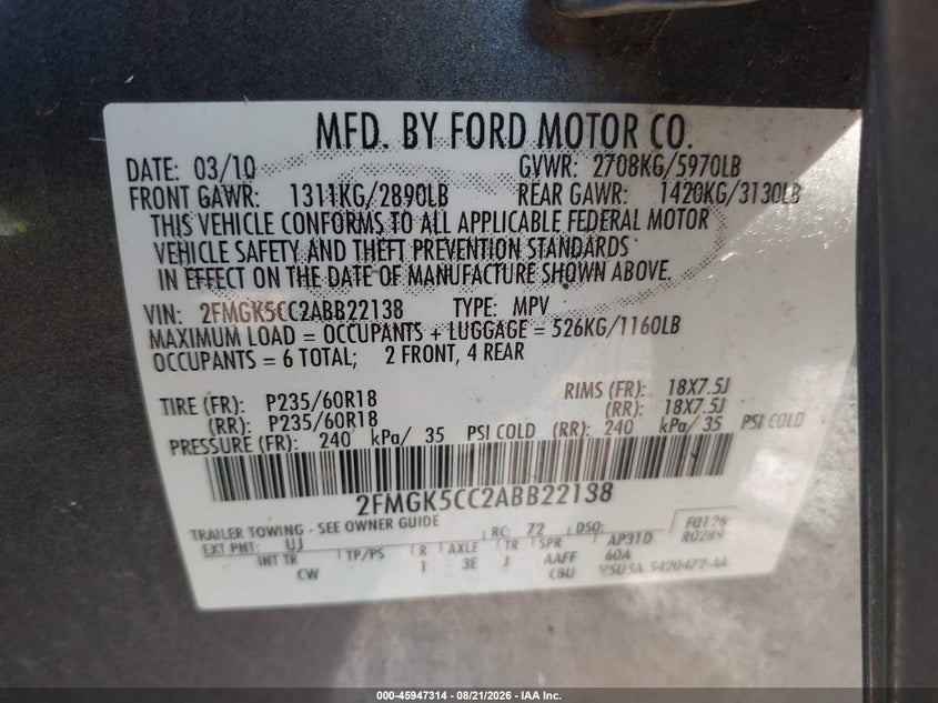 FORD FLEX 2010 VIN 2FMGK5CC2ABB22138
