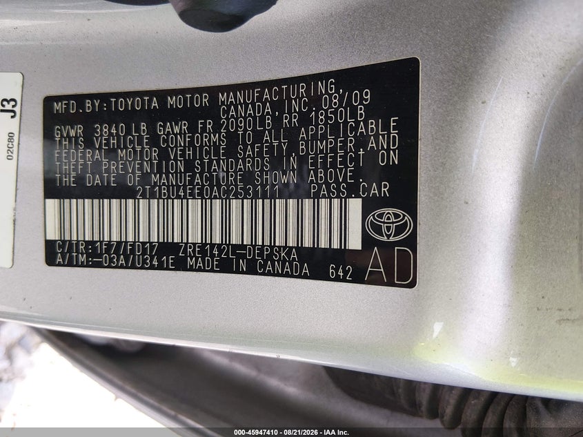 2010 TOYOTA COROLLA SEDAN 1.8L I-4 DOHC, VVT, 132HP