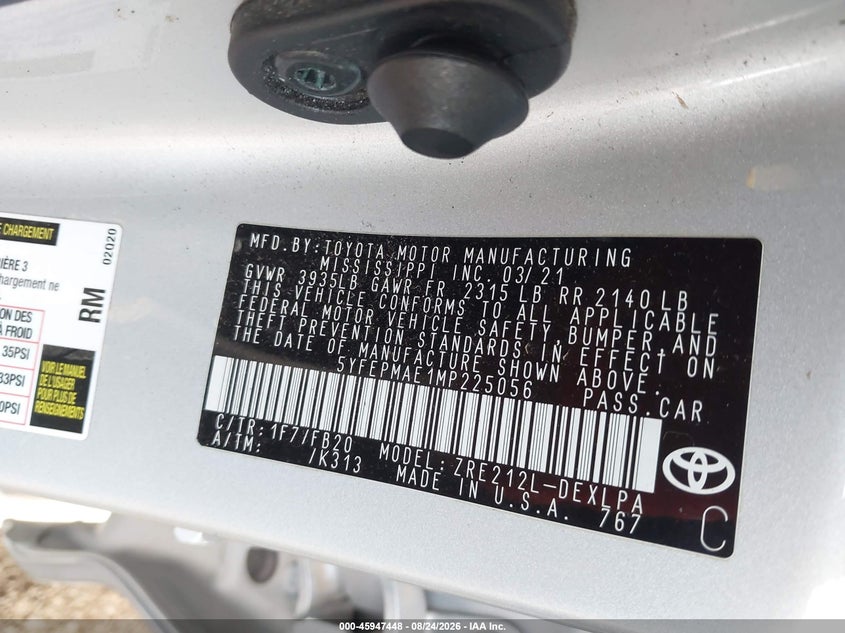 TOYOTA COROLLA 2021 VIN 5YFEPMAE1MP225056