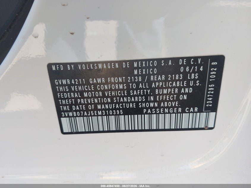 VOLKSWAGEN JETTA 2014 VIN 3VWB07AJ5EM310395
