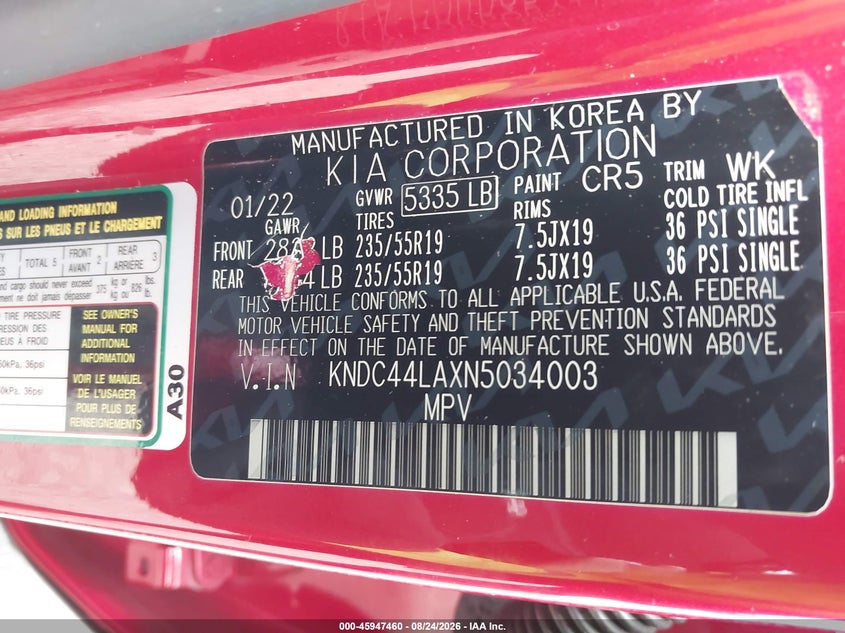 KIA EV6 2022 VIN KNDC44LAXN5034003