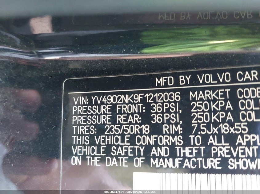 VOLVO XC70 2015 VIN YV4902NK9F1212036