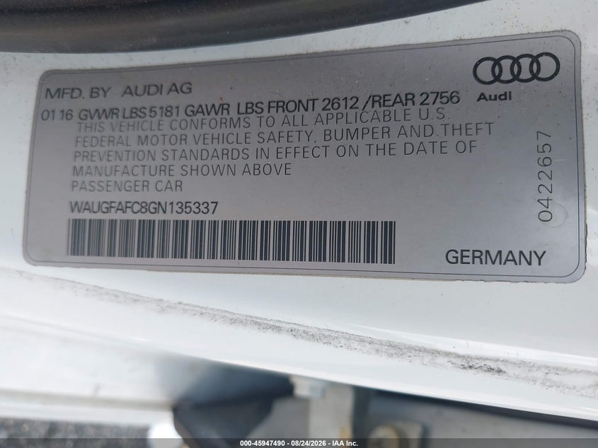 AUDI A6 2016 VIN WAUGFAFC8GN135337