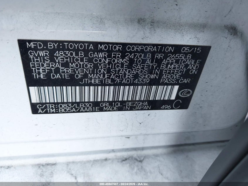 2015 LEXUS GS SEDAN 3.5L V-6 DI, DOHC, VVT, 306HP