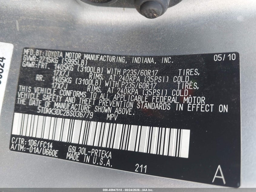 TOYOTA SIENNA 2011 VIN 5TDKK3DC2BS036779
