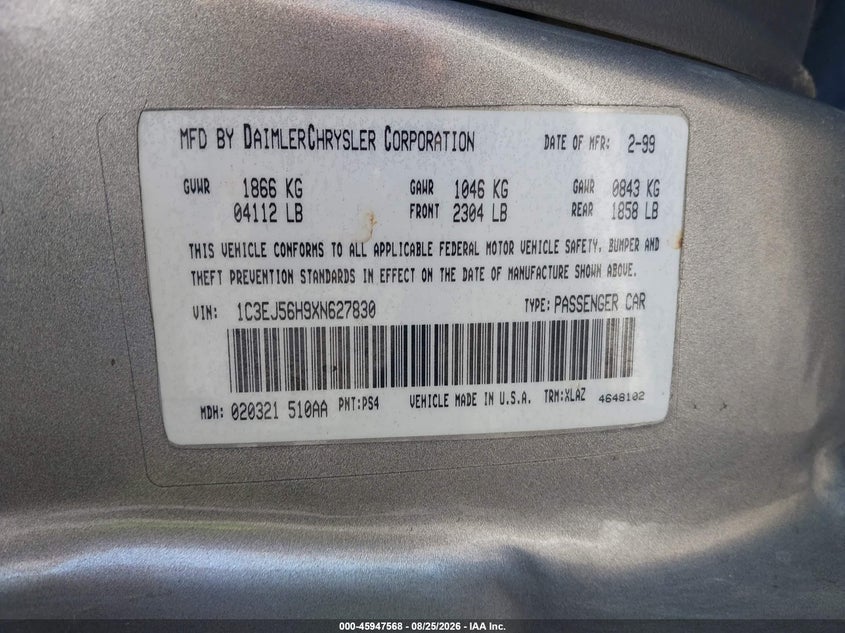 CHRYSLER CIRRUS 1999 VIN 1C3EJ56H9XN627830