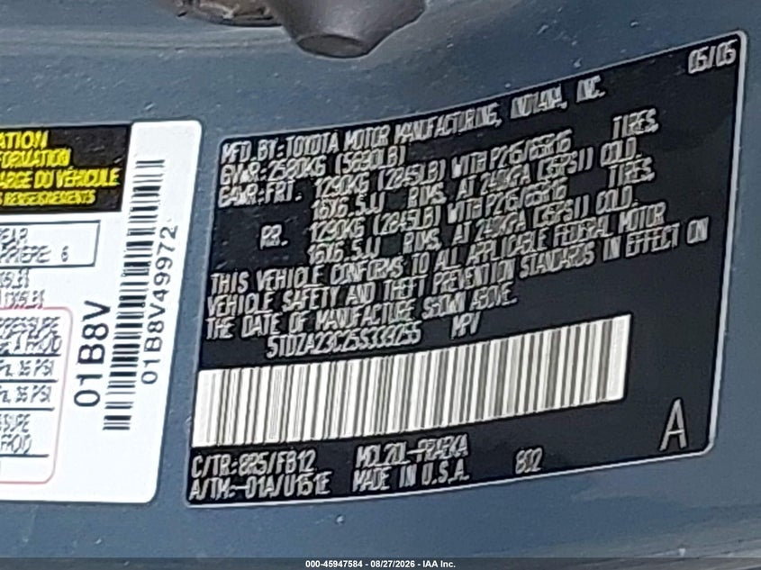 TOYOTA SIENNA 2005 VIN 5TDZA23C25S339255