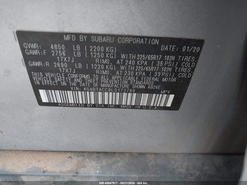 SUBARU OUTBACK 2020 VIN 4S4BTACC8L3173789