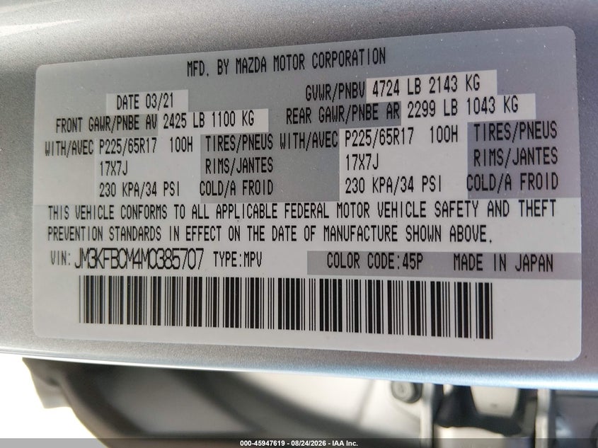 MAZDA CX-5 2021 VIN JM3KFBCM4M0385707