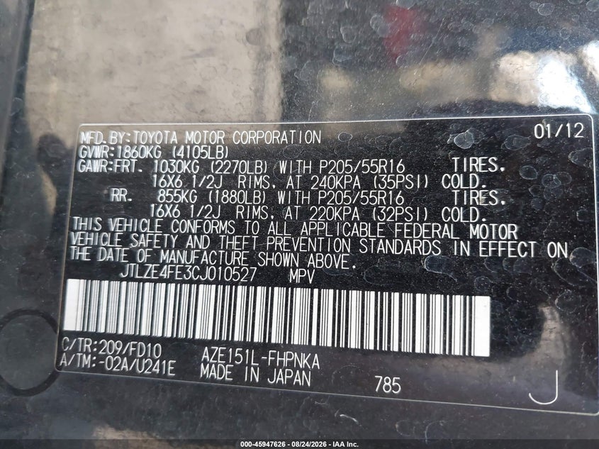 SCION XB 2012 VIN JTLZE4FE3CJ010527