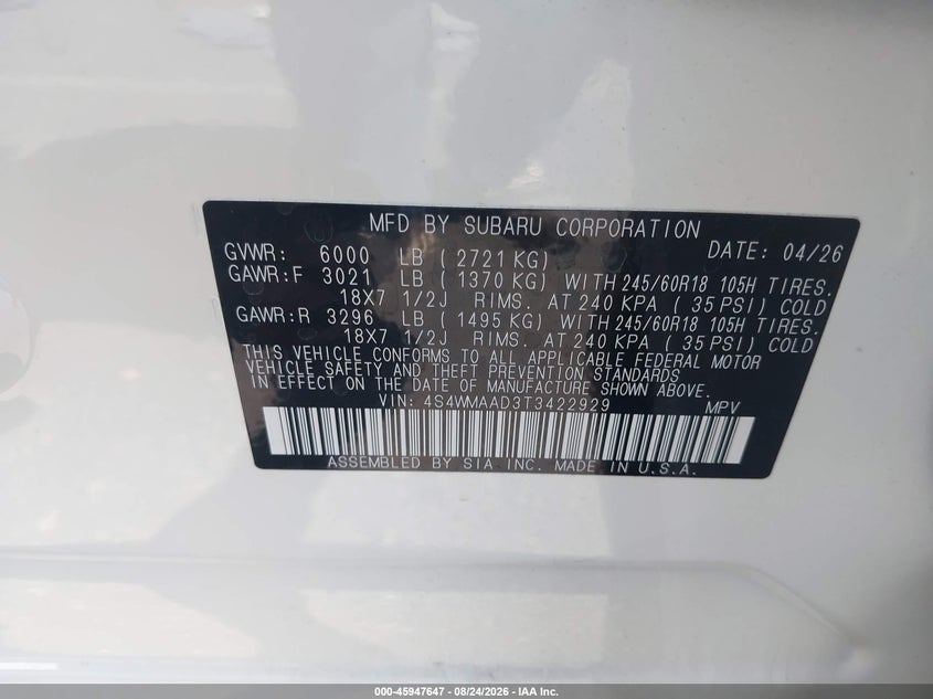 SUBARU ASCENT 2026 VIN 4S4WMAAD3T3422929