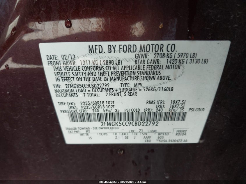 FORD FLEX 2012 VIN 2FMGK5CC9CBD22792