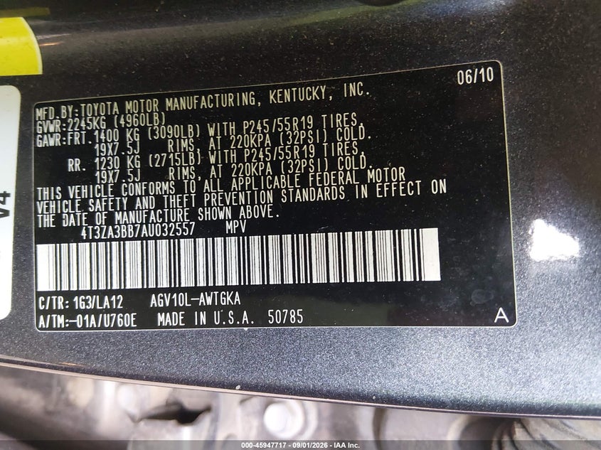 TOYOTA VENZA 2010 VIN 4T3ZA3BB7AU032557