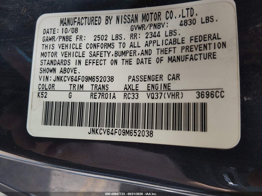 INFINITI G37X 2009 VIN JNKCV64F09M652038
